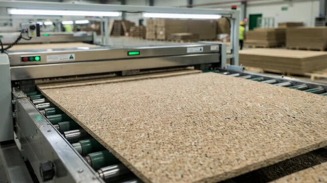 Medium shot of a production line feeding light brown recycled fiber board sheets into a cutting machine highlighting ecofriendly manufacturing processes