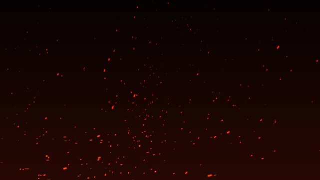 Glowing fire sparks rising on black background, cinematic burning embers overlay, red hot charcoal particles floating in dark space