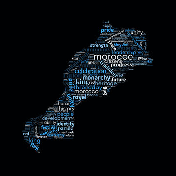Colorful Morocco map word cloud made from travel, culture, and landmark terms on a dark background.  Ideal for travel services, mobile applications, digital maps, and online booking platforms.