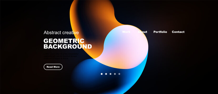 Abstract website design. Fluid shapes, vibrant colors, dark background. Minimalist layout with navigation options, text elements.