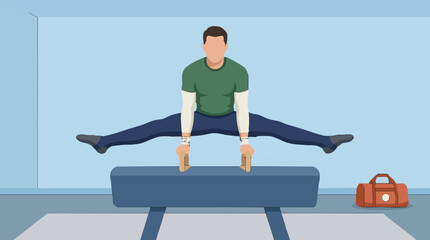 Fototapeta premium Illustration of Male Gymnast Performing Straddle V-Sit on Pommel Horse