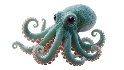 Teal octopus with large eyes and curled tentacles, isolated on transparent background © Johnson
