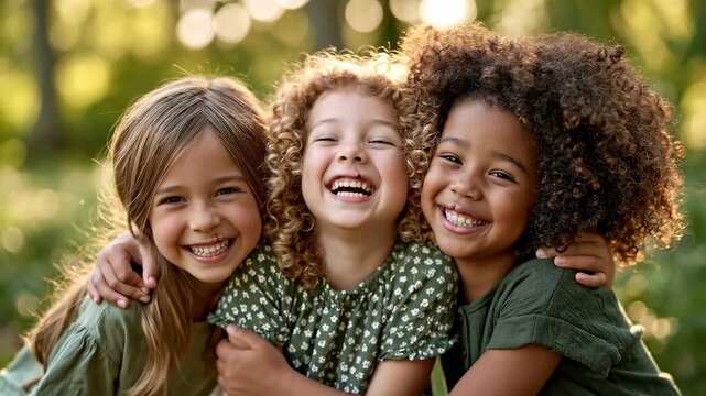 Group portrait of three diverse children aged 5&ndash;10 with healed cleft lip scars laughing together in a sunlit park, candid and joyful outdoor moment.