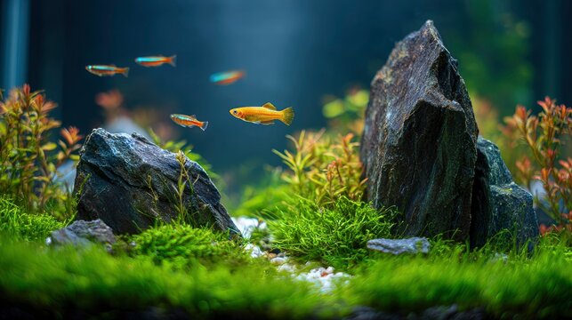 Freshwater aquarium fish swimming through lush aquatic plants and dark stones in a professional aquascape for pet store branding marketing