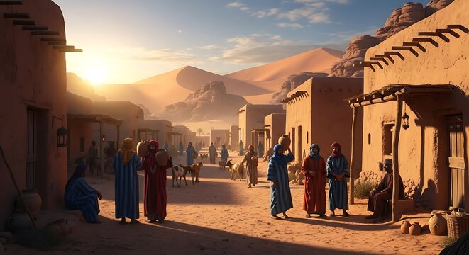Ancient desert village scene with people in traditional robes under a warm sunset light setting