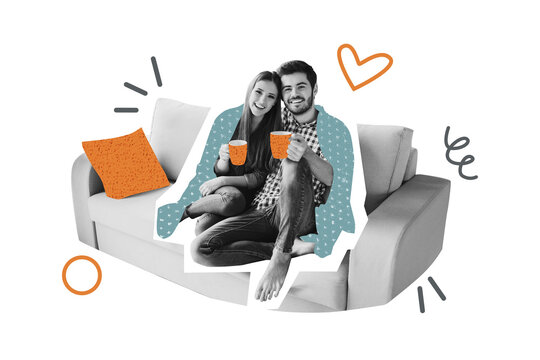 Composite photo collage of two happy girl guy cuddle together sit sofa cove blanket drink coffee cup love isolated on painted background