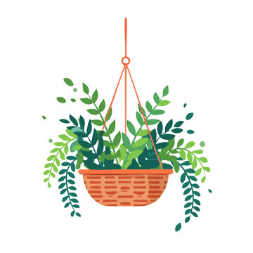 Flat design hanging basket with green leaves