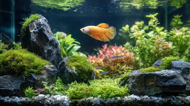 Betta fish swimming through lush planted aquascape with mossy rocks and vibrant aquatic greenery in a macro shot for pet industry branding