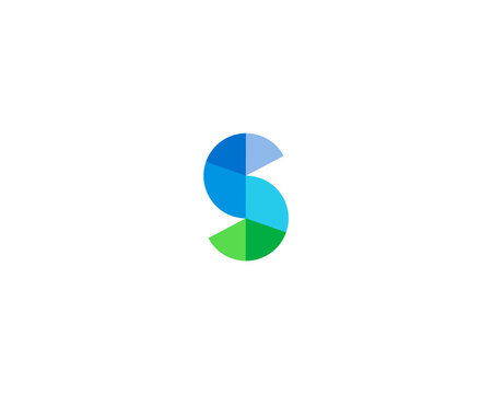 Abstract letter S logo image of geometric circle segments. Minimalist blue and green alphabet monogram emblem for data analytics, fintech, eco technology and modern startups