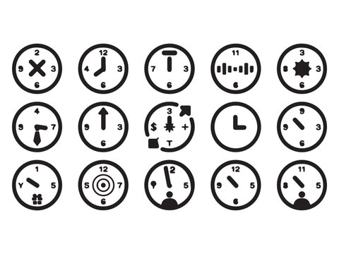 Collection of various clock and gauge icons in black and white with different symbols and markings on white background  clocks  gauges  symbols
