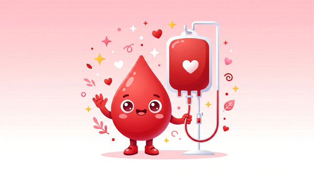 Cute cartoon blood drop character donating blood with iv bag, medical illustration for blood donation campaign and health awareness