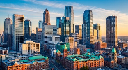 Obraz premium Modern city skyline at dusk with illuminated skyscrapers and urban architecture in warm golden light