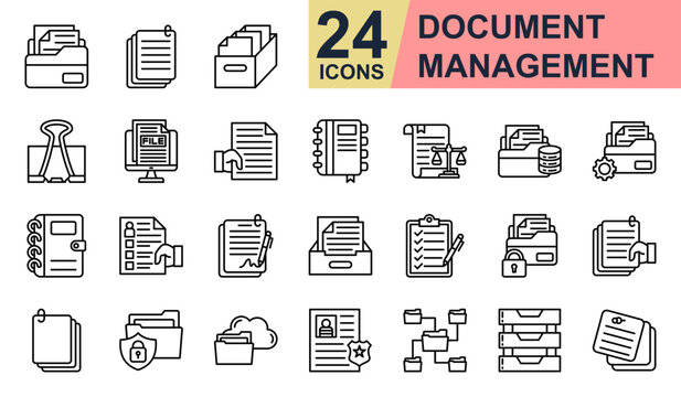 Document Management Icons set vector illustration. Containing File Folder, Archive, Digital File, Paper Sheet, Binder and more. Simple line icons collection.