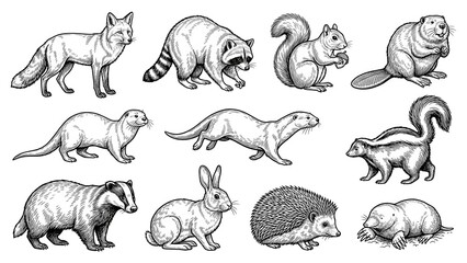 Fototapeta premium Hand drawn sketch collection of forest and woodland mammals vector illustration