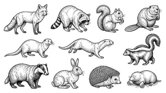 Hand drawn sketch collection of forest and woodland mammals vector illustration