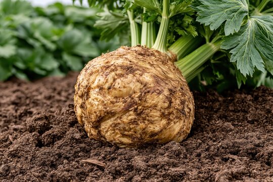 A large, earthy celeriac root vegetable with green stalks and leaves, growing in rich, dark soil.