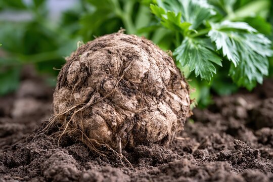 A close-up shot of a large, earthy celeriac root with visible roots in rich, dark soil, surrounded by fresh green leaves.