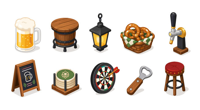 Collection of isometric beer and pub icons for a bar or brewery