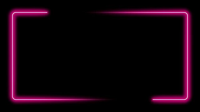 Vibrant pink neon geometric frame with glowing light lines moving on a black background.