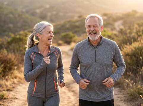 Cheerful senior husband and wife training for a walkathon on a dirt path