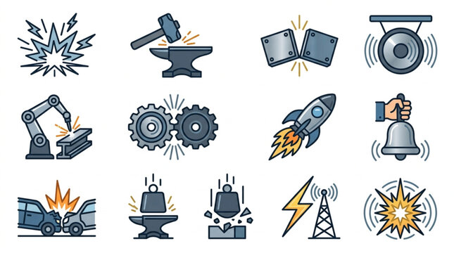 Collection of Industrial Icons Representing Force Impact and Sound.