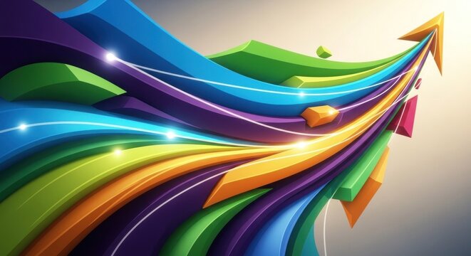 A colorful, abstract, 3D rendering of a wave-like design with a bright, rainbow-colored arrow pointing upwards, set against a gradient background.