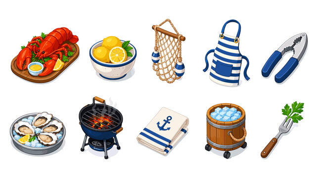 Seafood feast and grilling accessories with nautical theme
