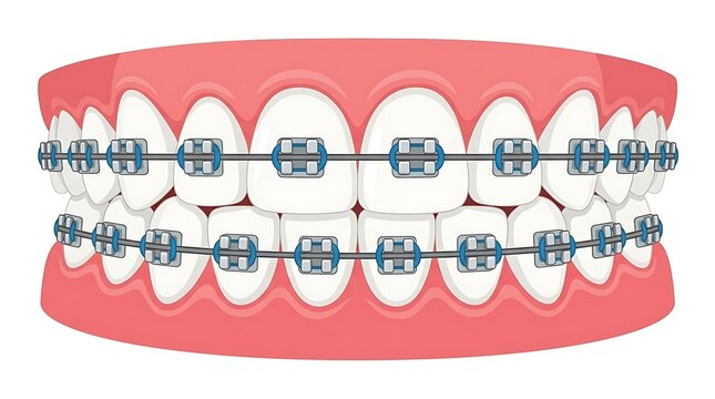 Vector illustration of human teeth with metal orthodontic braces, dentistry, oral care, and teeth alignment concept.