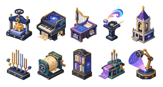 Collection of whimsical, celestial-themed fantasy objects and contraptions