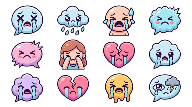 Collection of Sad and Crying Emoji Faces and Symbols.