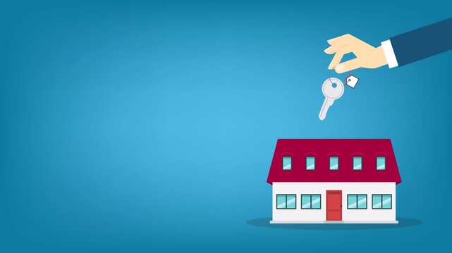 Hand holding key over the house. House buying 4k video animation