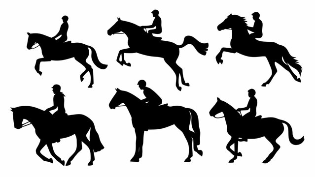 Silhouettes of horse riders in various equestrian poses