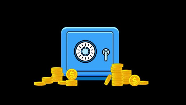 Animated blue safe box with falling gold coins piles. Financial success, banking deposit and investment concept on black