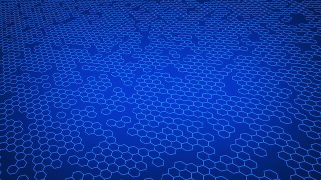 Animated hexagon pattern moving slowly on dark blue tech background. Geometric honeycomb digital matrix structure, motion graphics