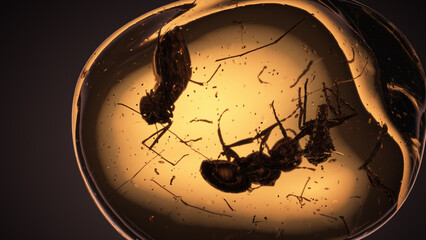 Multiple Prehistoric Insects Trapped in Ancient Amber. CGI Realistic. © Negro Elkha