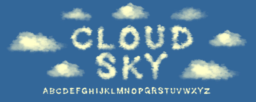 Abstract cloud sky alphabet displaying realistic halftone cloud texture letter set for creative kids book title banner education presentation poster layout design element isolated clip art.