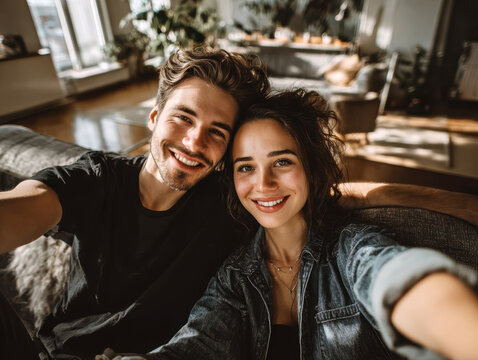 Happy Young Couple Taking Smartphone Selfie at Home .AI Generative