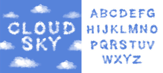 Abstract cloud sky font displaying realistic halftone cloud texture letter bundle for creative typography text layout poster banner printing clothing design element isolated clip art. © dirtyfellas