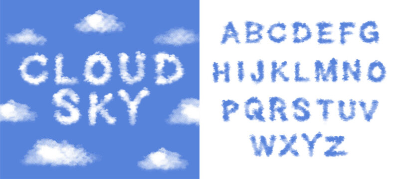 Abstract cloud sky font displaying realistic halftone cloud texture letter bundle for creative typography text layout poster banner printing clothing design element isolated clip art.