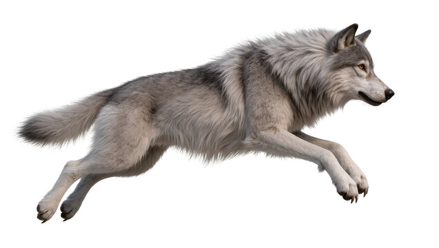 Gray wolf running with fur detail, isolated on transparent background