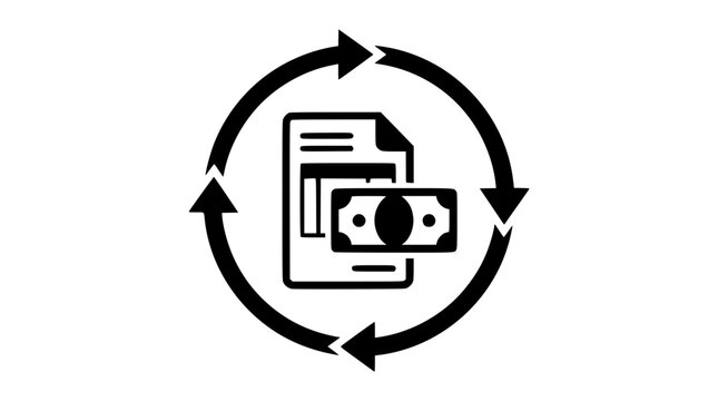 Black and white vector graphic of money and documents in cycle