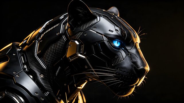 Futuristic cybernetic black panther head with glowing gold lines