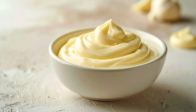 Bowl of thick mayonnaise, creamy condiment texture, minimal culinary style. Close-up.