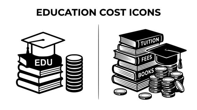 Education cost icons with graduation caps and books illustrations