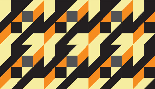 Seamless geometric pattern with 3D isometric cubes and blocks in orange, yellow, and black
