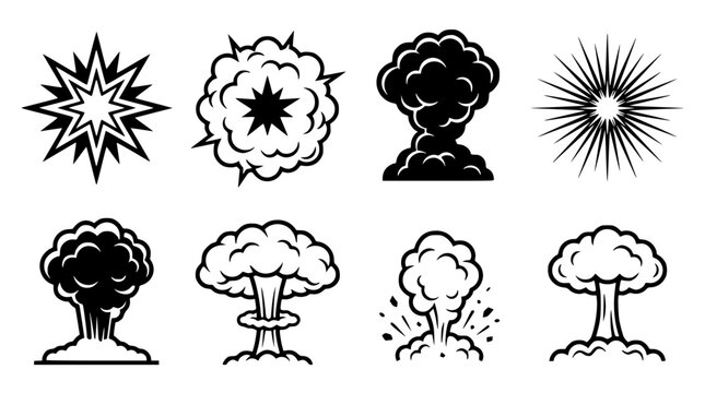 Various vector explosion icons in black and white design