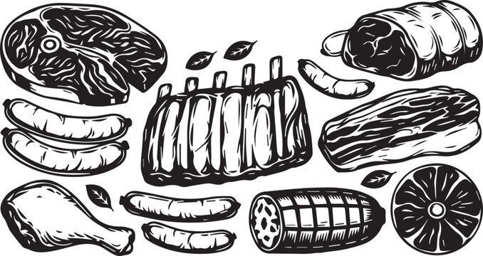 Meat Cuts and Sausage Icons Set for Butcher Shop Menu Design