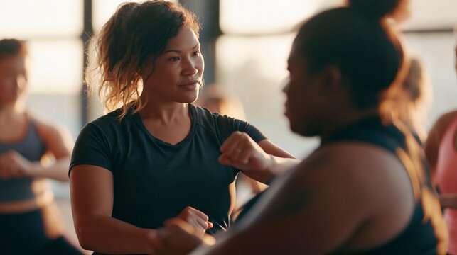 Confident female instructor guides plussize beginners posture during selfdefense class soft daylight highlighting focused expressions in inclusive workout space with blurred