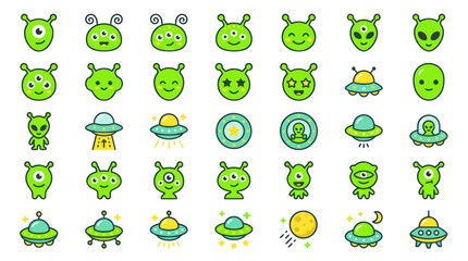 Cute Green Aliens and UFOs Collection - Cartoon Characters and Spaceships © Bunga