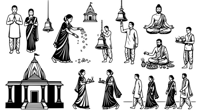 Black and white vector illustration of people performing religious rituals daily